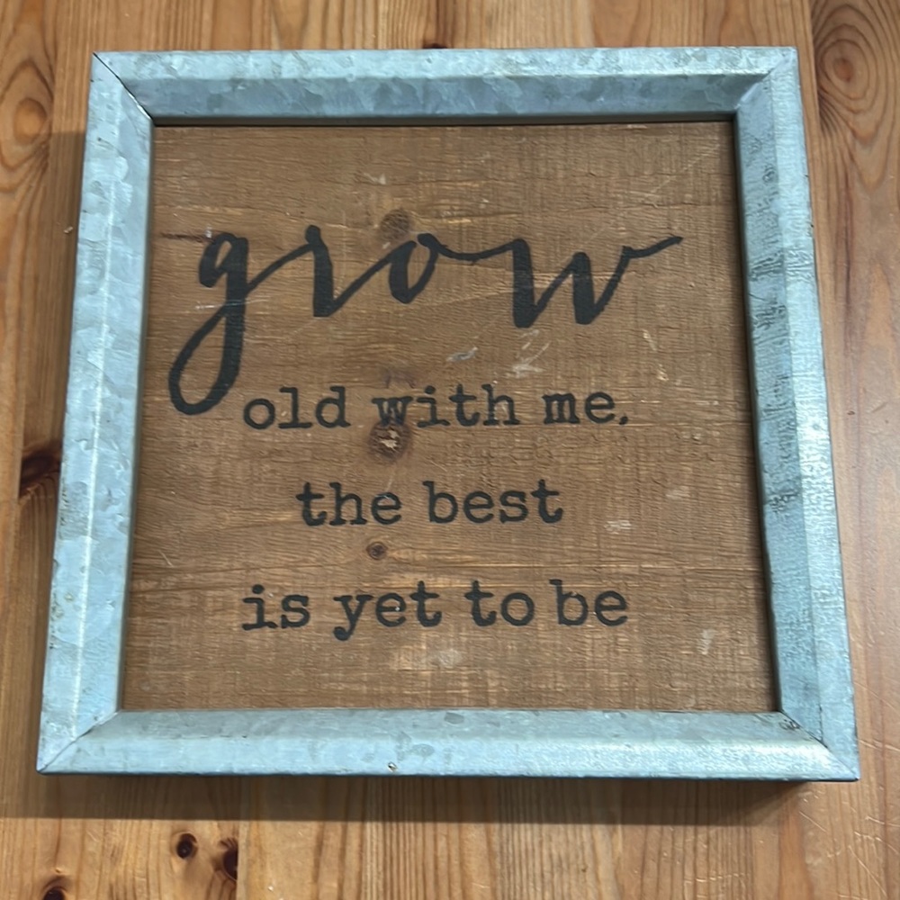 Galvanized metal and wood home decor sign. Good condition